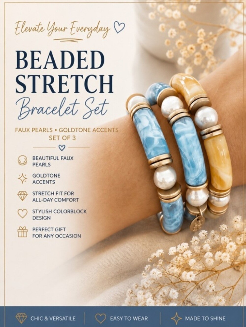 Blue and Yellow Pearl Accent Stretch Bracelet